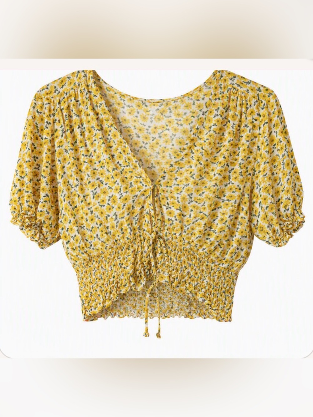 Faithfull the Brand Yellow Floral Smocked V-Neck Crop Top